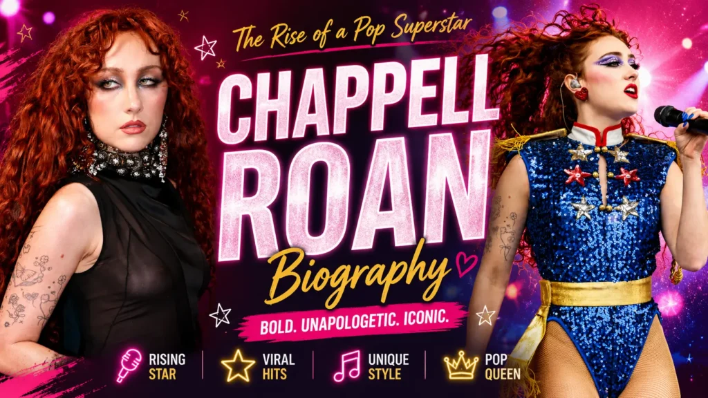 Chappell Roan performing live on stage in a sparkling blue outfit during a concert, featured in a CelebrityCaster biography cover image.