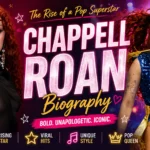 Chappell Roan performing live on stage in a sparkling blue outfit during a concert, featured in a CelebrityCaster biography cover image.
