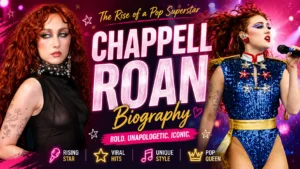 Chappell Roan performing live on stage in a sparkling blue outfit during a concert, featured in a CelebrityCaster biography cover image.