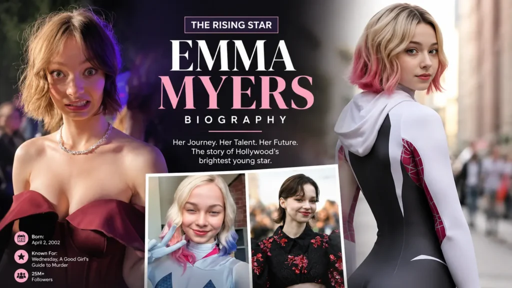 Emma Myers biography feature image featuring the American actress with a collage of her red carpet appearances and her role in Wednesday, highlighting her career, talent, and rising Hollywood success.