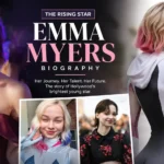 Emma Myers biography feature image featuring the American actress with a collage of her red carpet appearances and her role in Wednesday, highlighting her career, talent, and rising Hollywood success.