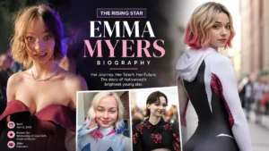 Emma Myers biography feature image featuring the American actress with a collage of her red carpet appearances and her role in Wednesday, highlighting her career, talent, and rising Hollywood success.