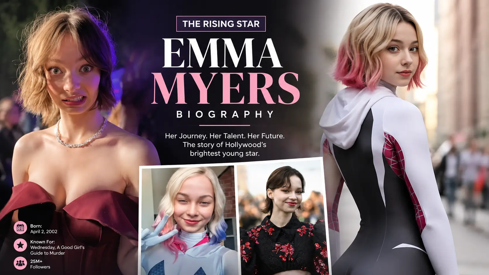 Emma Myers biography feature image featuring the American actress with a collage of her red carpet appearances and her role in Wednesday, highlighting her career, talent, and rising Hollywood success.