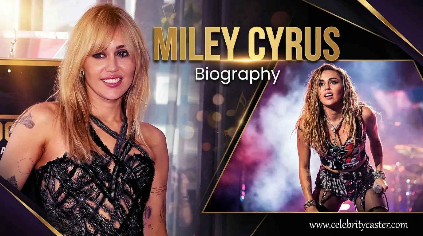 Miley Cyrus biography feature image showcasing the singer and actress in glamorous red-carpet and live performance appearances, highlighting her successful music and entertainment career.
