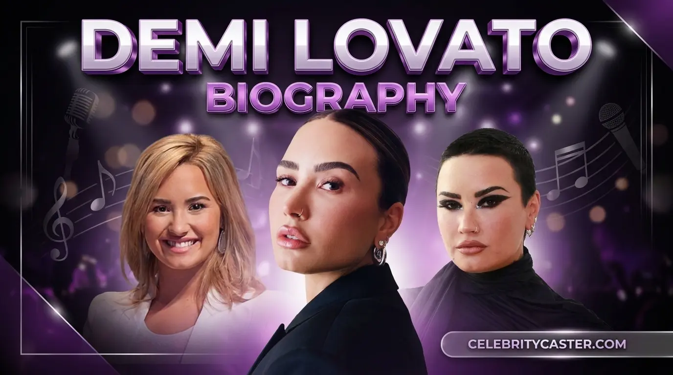 Demi Lovato biography feature image with stylish portraits, bold 3D title, and modern CelebrityCaster design.
