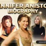 Jennifer Aniston Biography feature image featuring the Hollywood actress with iconic portraits, bold 3D title, and modern CelebrityCaster design.